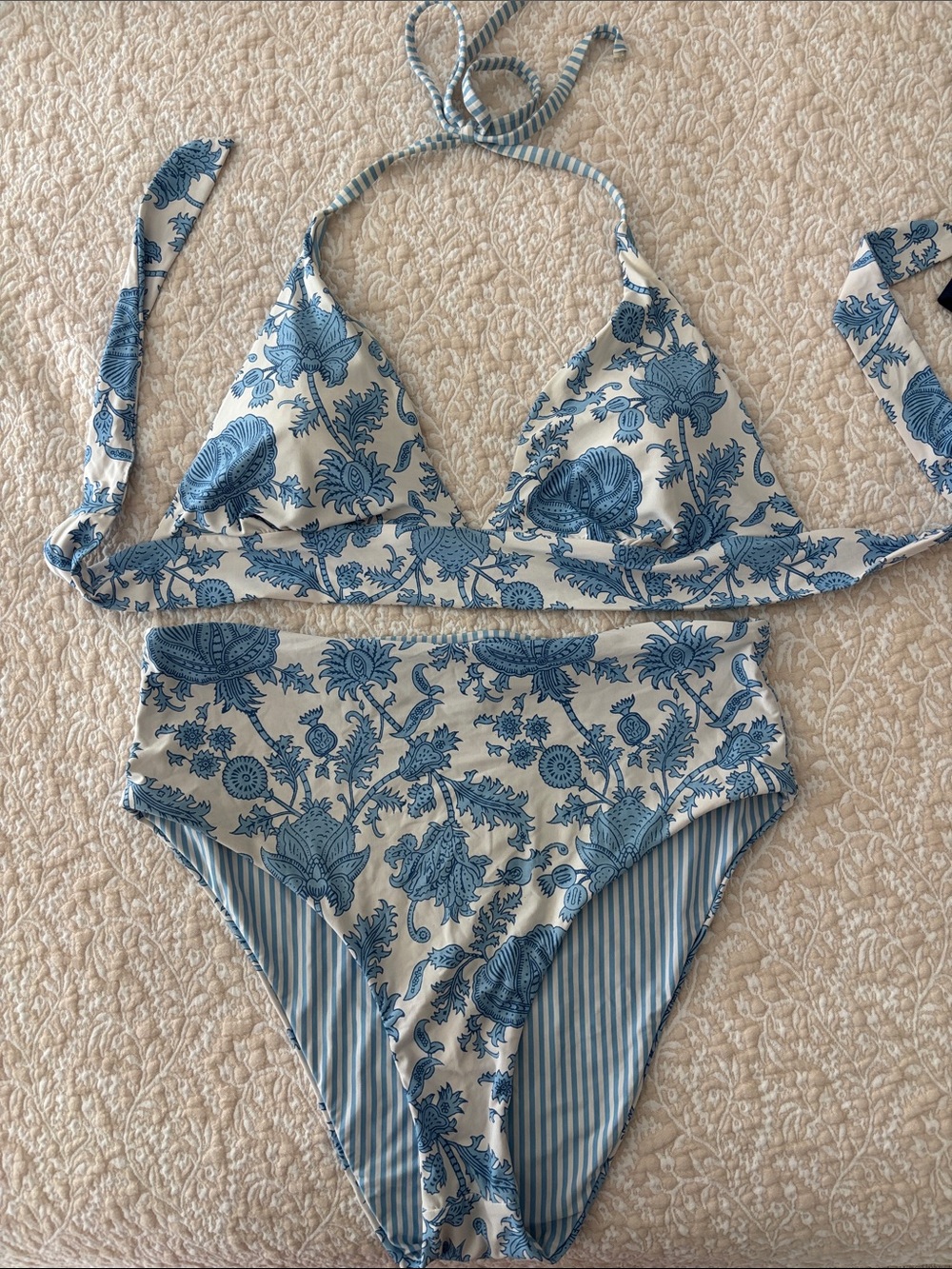 Roller Rabbit Blue and White Floral High-Waist Bikini REVERSABLE